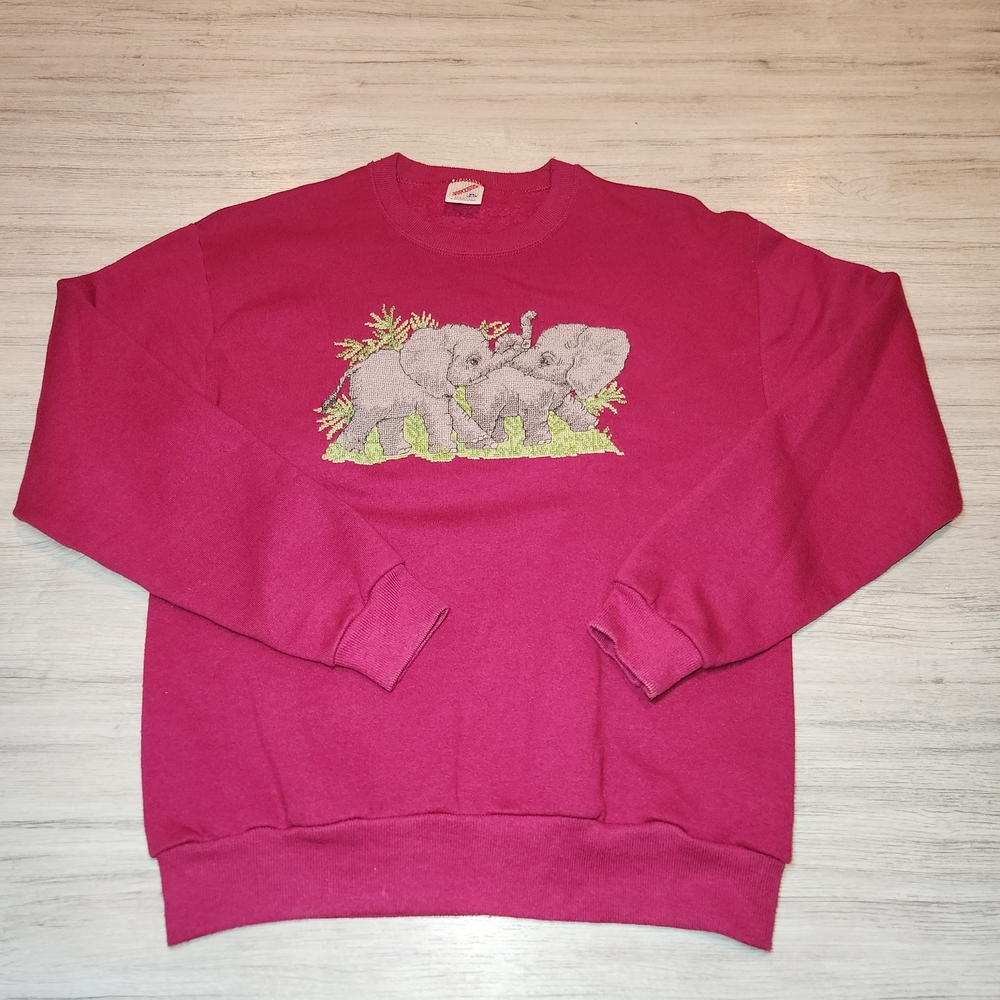 Vintage Jerzees Sweatshirt Girls Pink Elephant Print Size XL 16/18 L2